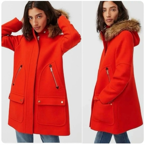 J. Crew Chateau Stadium Cloth Nello Gori Wool Fur Trim Zip Up Parka Jacket Coat - Picture 1 of 14